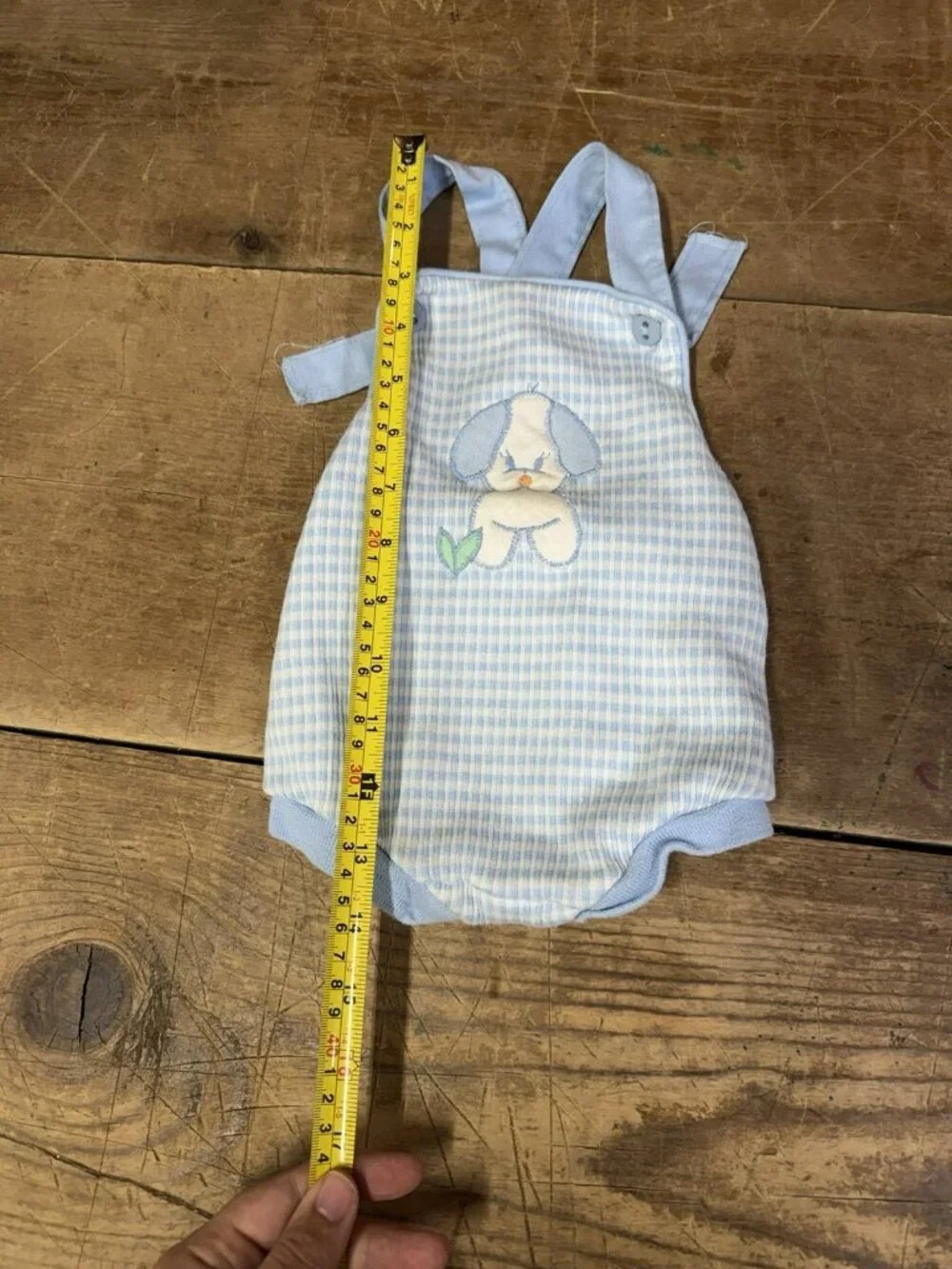 Vintage 1970s Health-Tex Baby 12 M Overalls Romper Blue Check Puppy Dog Applique